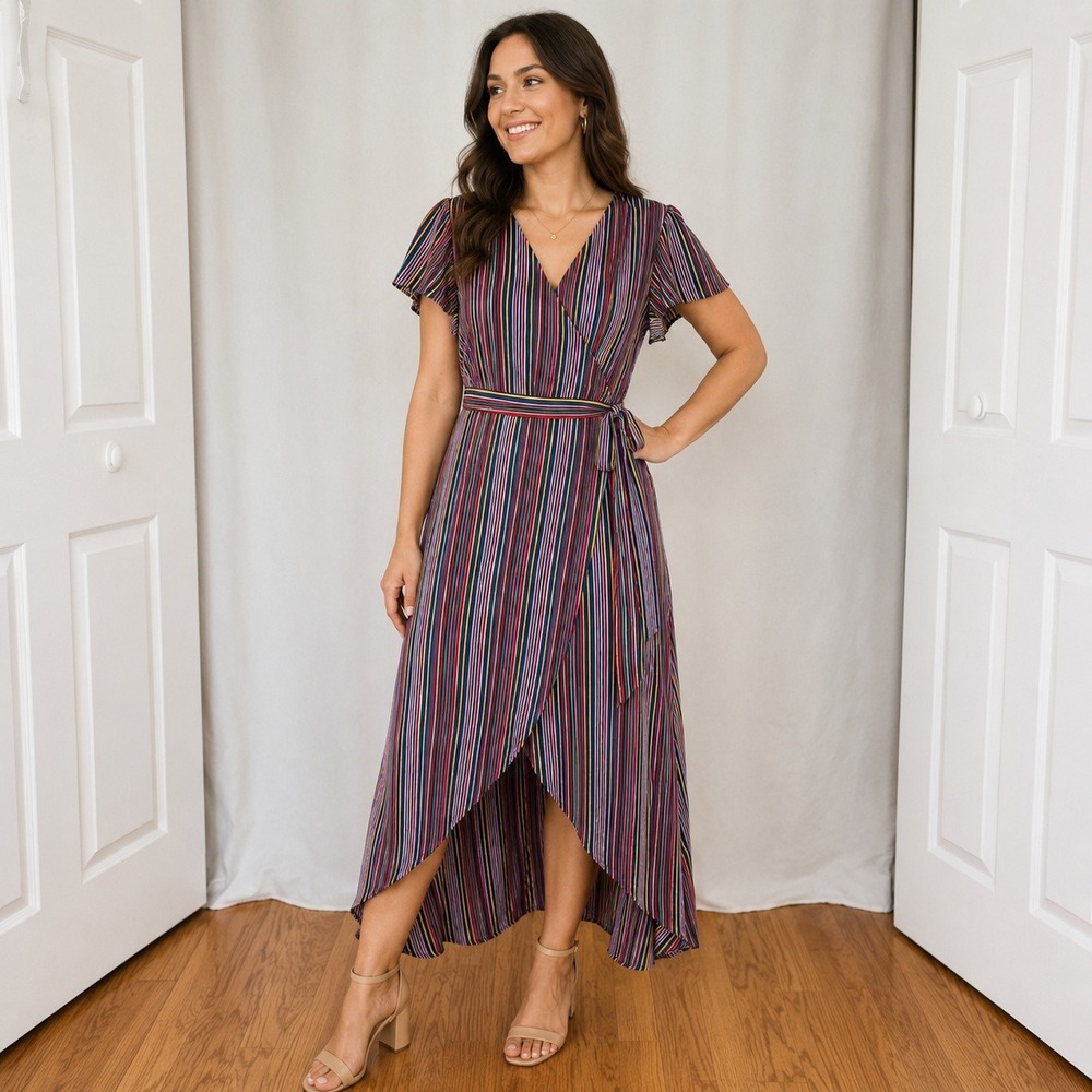 Sandy & Sid Multicolor Striped Wrap Dress Boho Luxe Colorful Resort High Low XL
